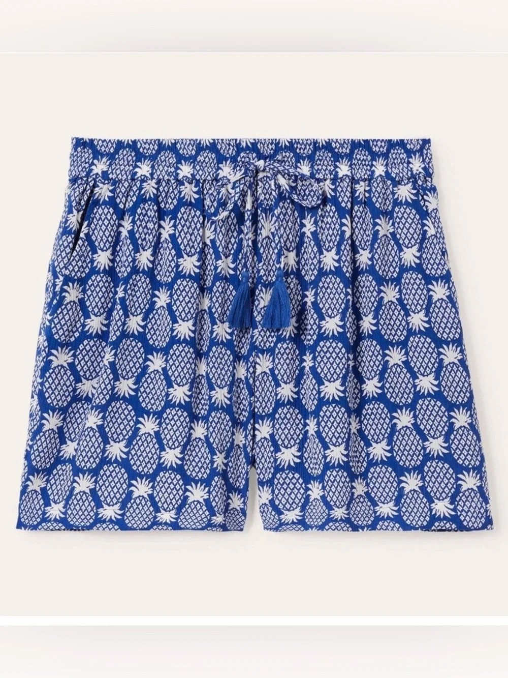 Boden Bembridge Blue Pineapple Shorts, Pull On Crinkle Fabric, Tassels